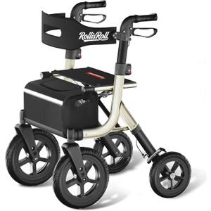 Walkers for Seniors, Rollator Walker with Seat, 12" Big Rubber Wheels All Terrain Rolling Walker with Backrest, Foldable Rollator Walker, Reinforced Aluminum Frame, Built-in Cable, Golden