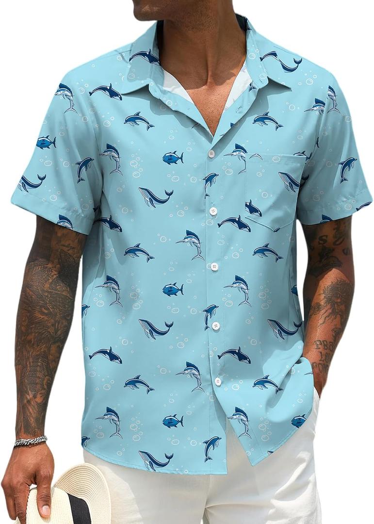Men Button Up Short Sleeve Hawaiian Shirt Summer Tropical Beach Shirts for Vacation Fishing (X-Large, Bubble and Fish)