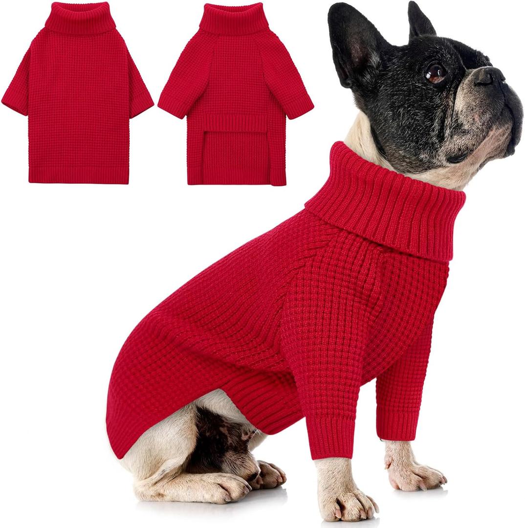 Queenmore XXL Dog Sweater, Long Sleeve Dog Sweaters, Turtleneck Dogs Sweaters for Large Breeds, Cold Weather Doggie Sweatshirt, Extra Large Pet Sweaters, Red 2XL