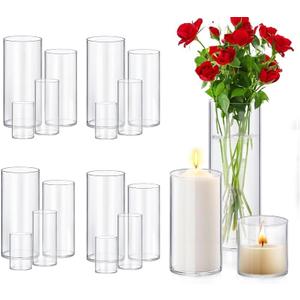 Homjoy Glass Cylinder Vase Sets 16 Pack Tall Clear Flower Vase Hurricane Floating Candle Holder for Table Centerpiece Wedding Home Décor(2.17 x 4IN + 2.56 x 6IN + 3.15 x 8IN + 3.55 x 10IN)