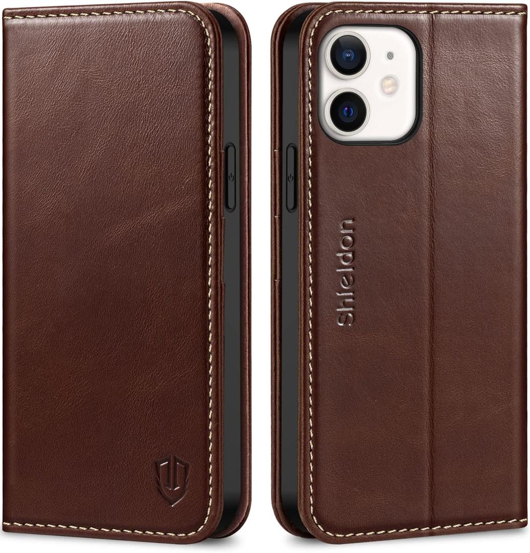 SHIELDON Case for iPhone 12 6.1", Genuine Leather Wallet Magnetic Book Protection Cover, Kickstand RFID Blocking Credit Card Holder Compatible with iPhone 12/12 Pro - Retro Coffee