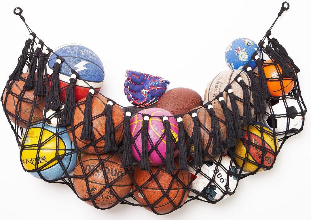 Sports Storage Organizer Garage Ball Storage Wall Hanging Organizer Net for Basketballs, Volleyballs Soccer Storage Rack Sport Equipment Organizer Storage Mesh (Wall Mounted, Black)