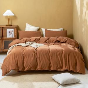 FOSSA Linen Duvet Cover Set 100% Washed Cotton Linen Feel Super Soft Breathable Cozy Simple Style 3 Pieces Bedding Sets Solid Dark Orange Queen