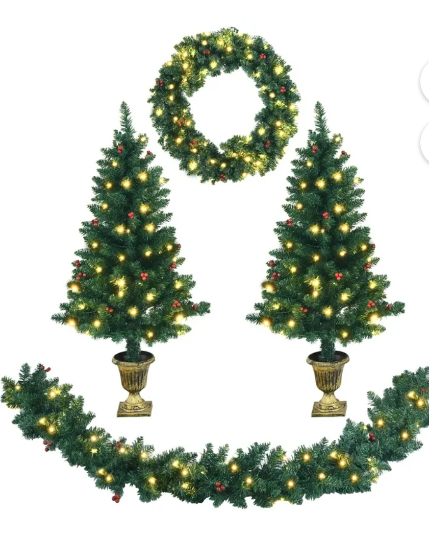 4pcs Pre-lit Christmas Decoration Set w/ Garland Wreath & Entrance Trees