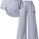 Teen Girls Clothes Off the Shoulder Top and Wide Leg Pants Matching Outfit Set with Pockets (Gray, M)