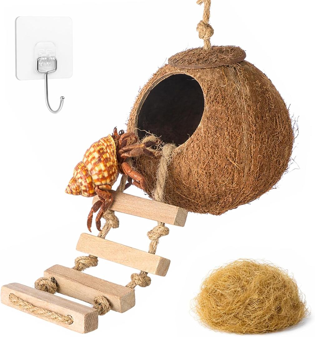 HERCOCCI Gecko Tank Accessories, Hermit Crab Toys Coconut Shell Natural Coconut Husk Hut with Climbing Ladder with Suction Cup for Leopard Gecko Snake Reptiles
