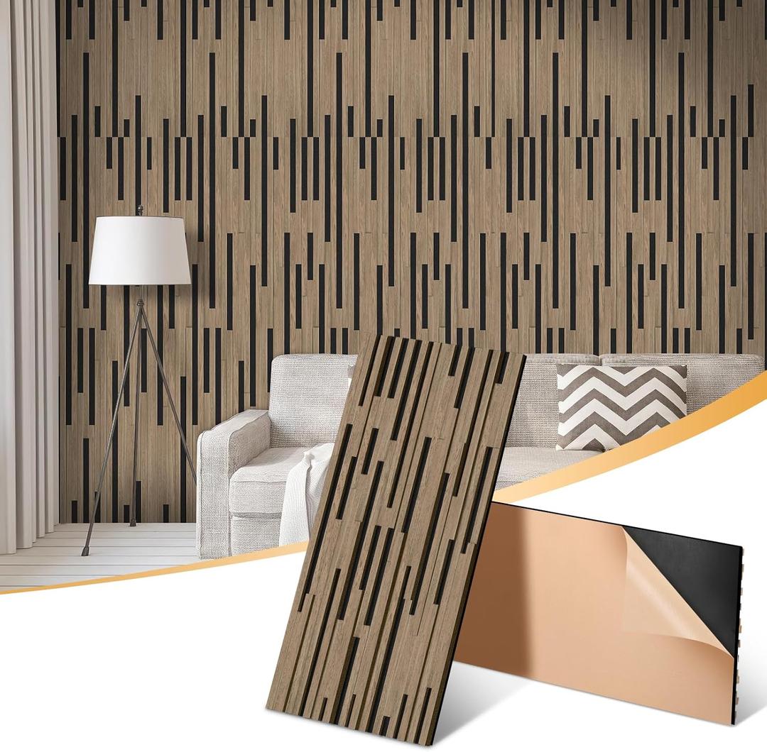 2 Pack Acoustic Wood Slat Panels - 47.3x23.6x0.7 Inch 3D Textured Self-Adhesive Sound Absorbing Panels, Easy Install Soundproof Wall Panels for Bedroom, Office, Interior Decor (Walnut)