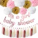 Kiwayo Baby Shower Decorations for Girl- Rose Gold Glitter Banner, Tissue Paper Poms, Round Dots Garland and Tassels Garland- Baby Girl Gender Reveal Birthday Party Decorations