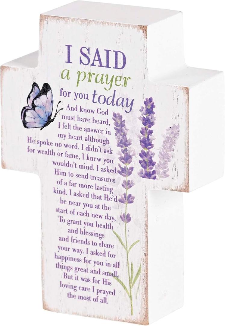 Dicksons I Said A Prayer For You Today, Purple/White 3.88 x 2.75 Inch MDF Wood Tabletop Block Cross Sign Plaque