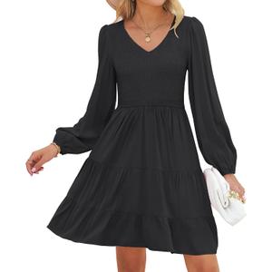 ZESICA Women's Casual V Neck Long Sleeve Smocked High Waist Ruffle A Line Tiered Mini Dress, Black, Small