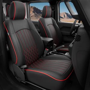 for Jeep Wrangler Seat Covers 4 Door JL 2026 2025 2024 2023 2022 2021 2020 2019 2018 Custom Seat Cover Full Set Faux Leather Without Rear Cup Holder- BlackRed