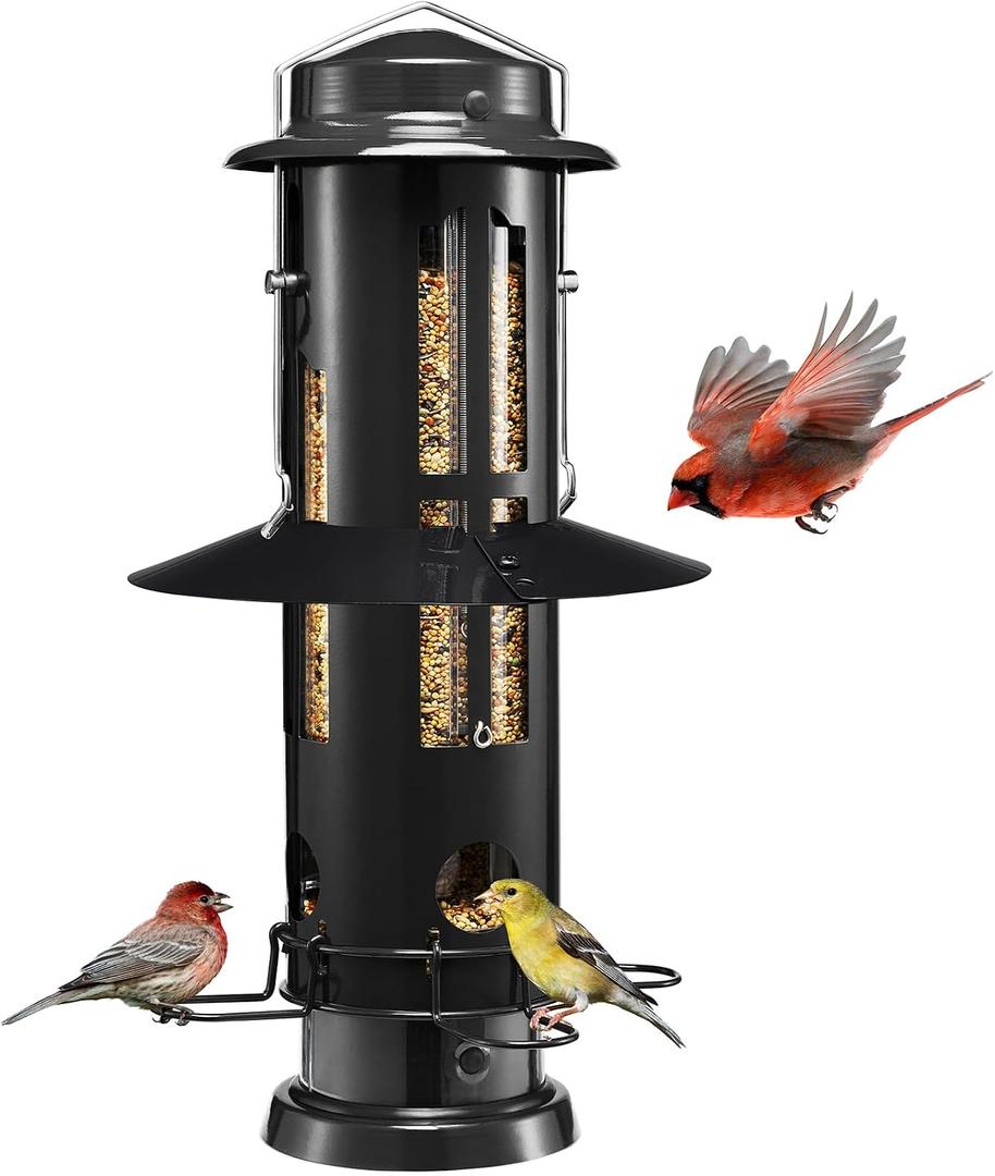 Kingsyard Squirrel Proof Bird Feeders with Weight-Activated Perches, Metal Wild Bird Feeder for Outdoors Hanging, 3 lb Large Seed Capacity, Black