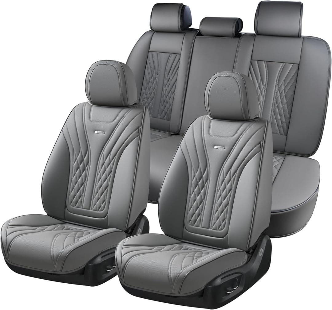 Coverado Car Seat Covers Full Set, 5 Seats Front Seat Cover and Back Seat Covers for Cars, Automotive Seat Covers Nappa Leather Waterproof Seat Covers, Car Seat Protectors Universal for Cars Gray
