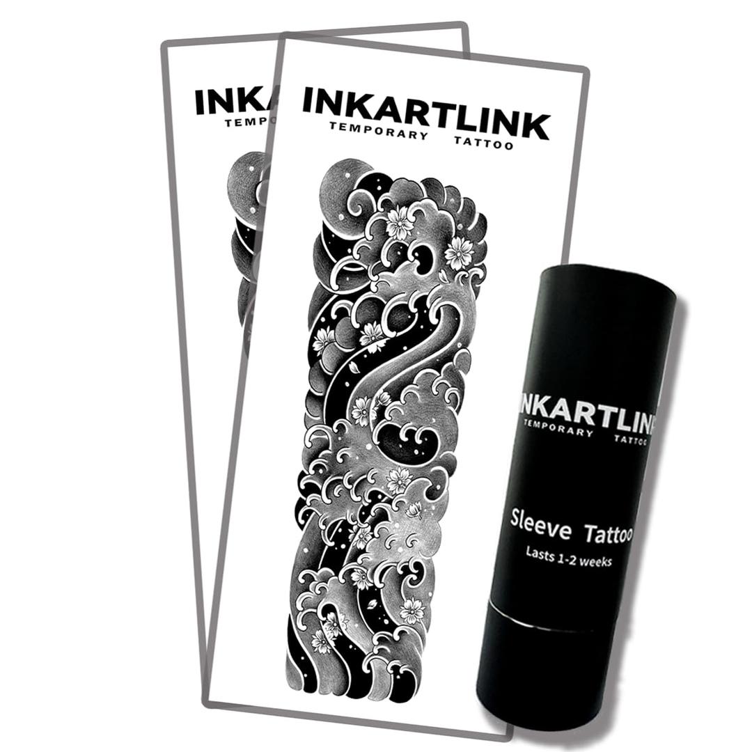INKARTLINK Semi Permanent Tattoo, 2 Pieces Full Arm Large Size Art Party Tattoos, Comes with a Pair of Anti-Transfer Sleeves, Lasts 7-15 Days, Waterproof (Japanese Ocean Wave Tattoo)