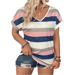 Verdusa Women's Plus Size Striped Color Block T Shirt V Neck Short Sleeve Casual Tee Tops