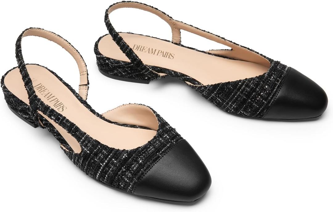 DREAM PAIRS Slingback Ballet Flats for Women Square Cap Toe Low Heel Dress Shoes Comfortable Work Flats for Office Party Wedding Business Casual (7, Black-fabric)