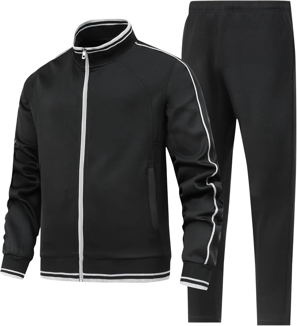 Men's 2 Pieces Athletic Tracksuit Full-Zip Workout Sweatsuit with Active Jackets and Pants (Large, Black)