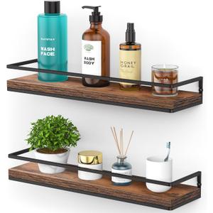 Meangood Floating Shelves Wall Mounted Set of 2, Rustic Wood Wall Storage Shelves for Bedroom,Living Room,Bathroom, Kitchen Rustic Brown