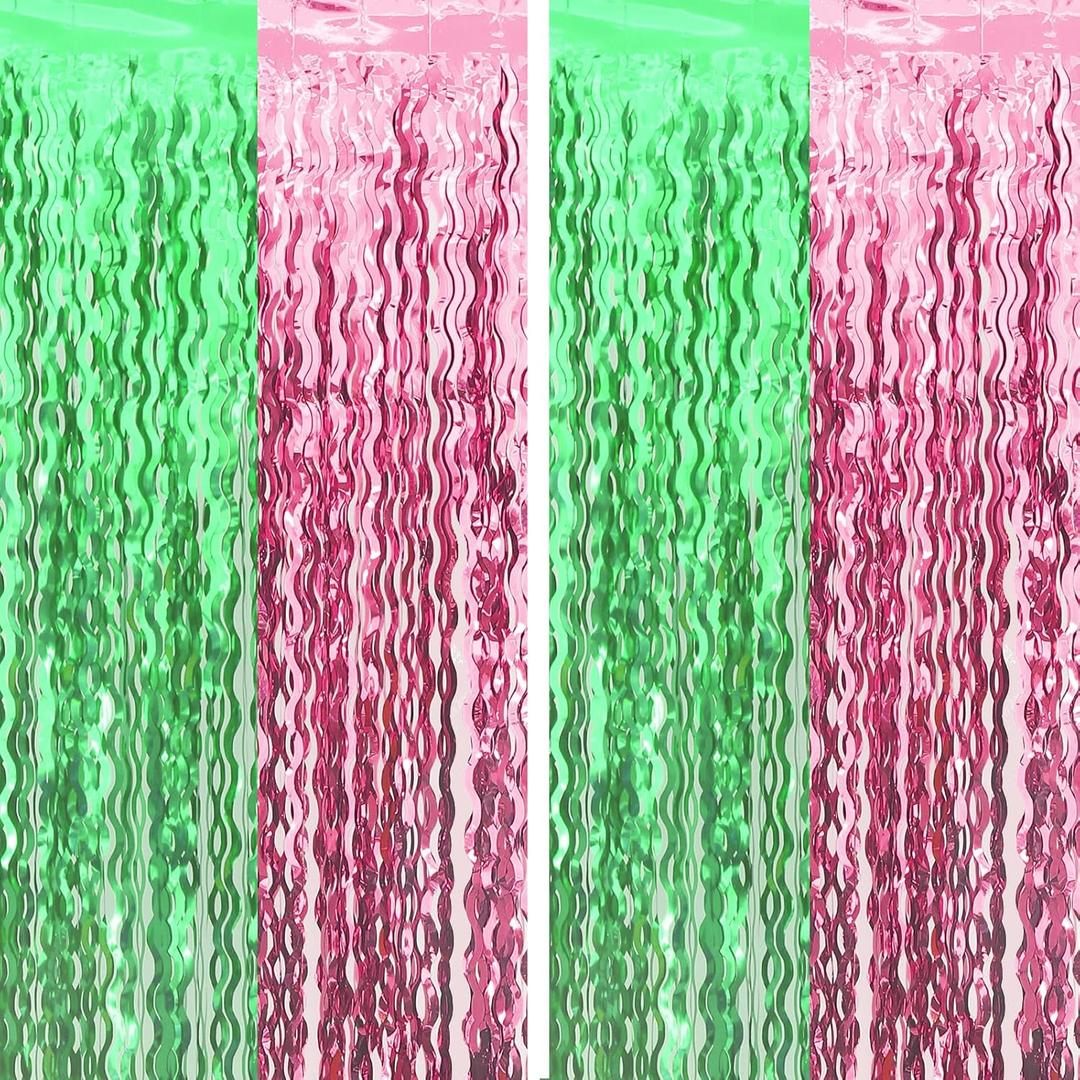 Cyxevous Green Pink Tinsel Curtains, Wavy Foil Fringe Curtain Photo Booth Foil Curtain Backdrop Green Pink Theme Birthday Party Backdrop 2 Pcs 3.2 inch  6.6 inch