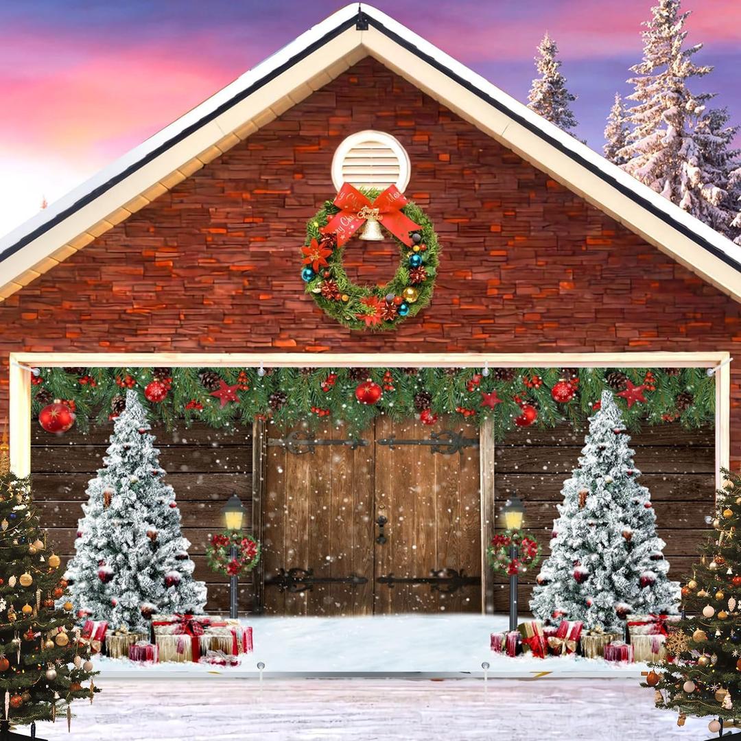 Christmas Garage Door Cover Decorations Banner Backdrop 7x16ft Winter Xmas Garage Door Cover Banner Barn Xmas Tree Gifts Snowflake 2 Car Merry Christmas Garage Door Banner Outdoor Holiday Decorations
