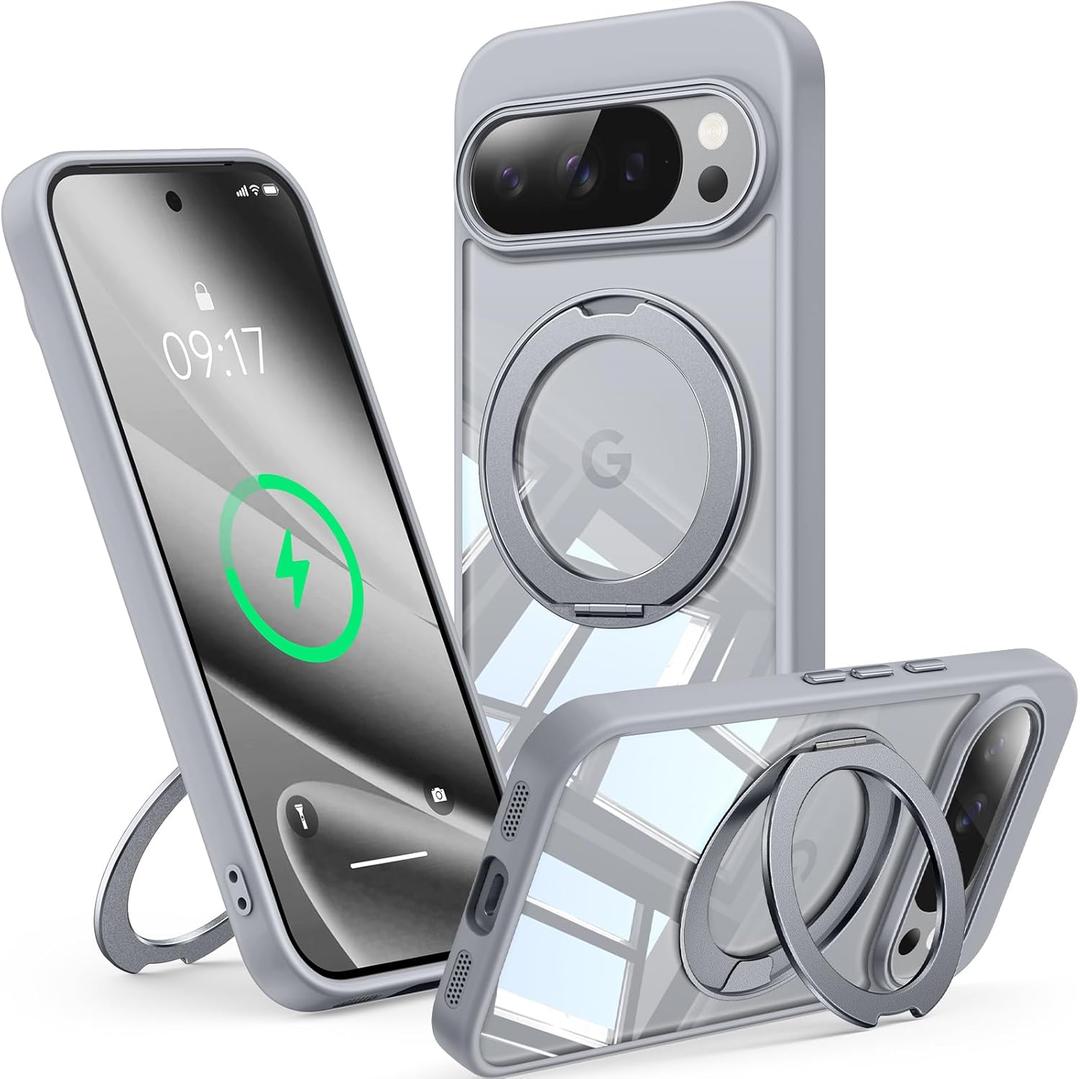 360Spin Magnetic Stand Case for Pixel 10/10 ProFit for MagSafe & Pixelsnap Cover with Ring HolderCrystal Clear Camera Protection Phone Google 10/10 Pro Cases - Grey