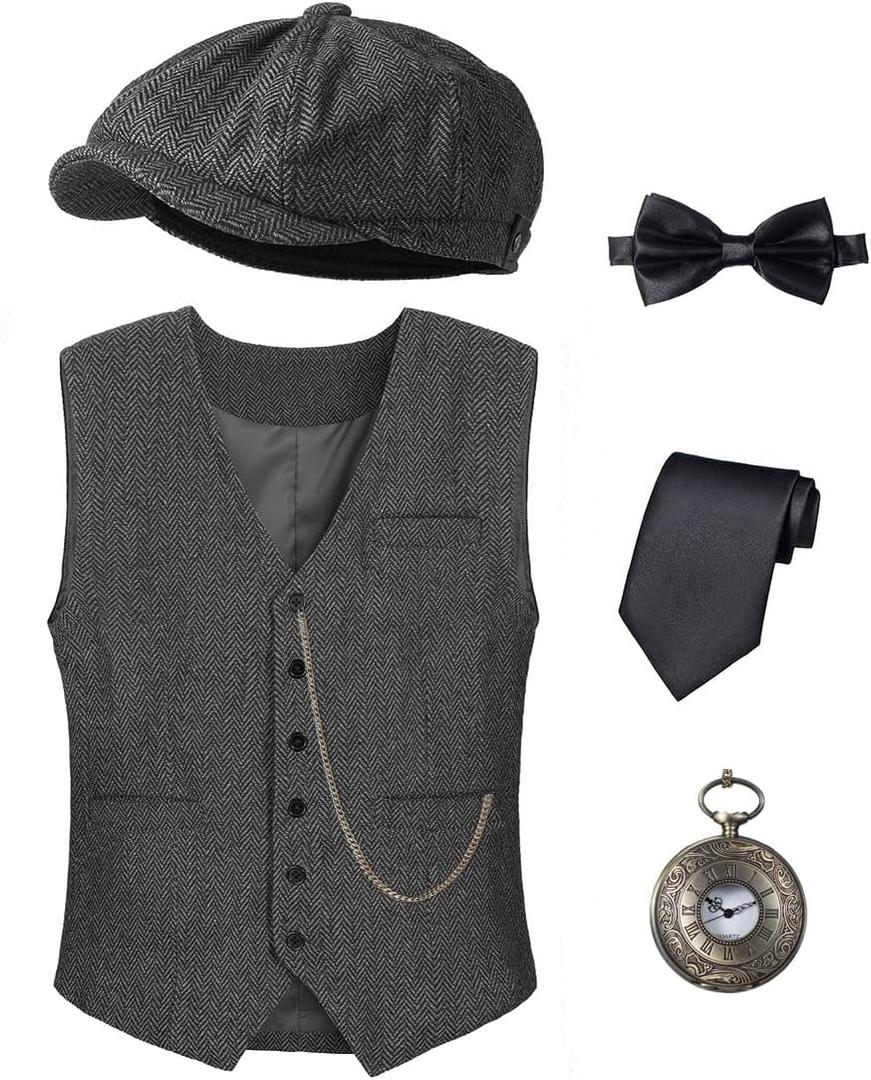 Kids 1920s Costume for Boys Vest Hat Accessories Set Party Cosplay 8-9 Years
