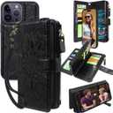 Harryshell Compatible with iPhone 13 Pro Max 6.7 inch 5G 2021 Wallet Case Detachable Magnetic Cover Zipper Cash Pocket Multi Card Slots Holder Wrist Strap Lanyard Floral Flower (Black)