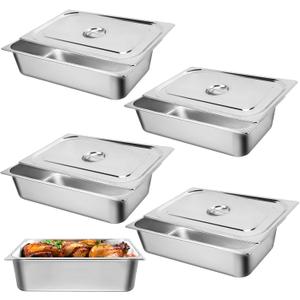 Hotel Pan, Full Size Steam Table Pan 6" Deep Stainless Steam Table Pan with Lid Full Size Food Pan 20.8" L x 13" W Anti Jam Stainless Steel Buffet Pan Commercial Stainless Steel Pan (4 Pack)