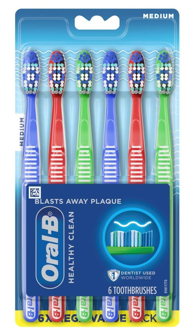 Oral-B Healthy Clean Toothbrushes, Medium Bristles, 6 Count (Assorted Colors)