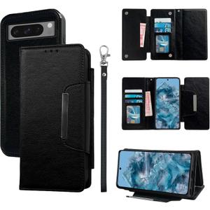 Trifold Wallet Case for Google Pixel 8 Pro 5G with Detachable Magnetic Flip Purse Wrist Strap Card Holder, Luxury PU Leather Stand Cell Phone Cover for Pixel8Pro Pixel8 XL Eight 8Pro Black