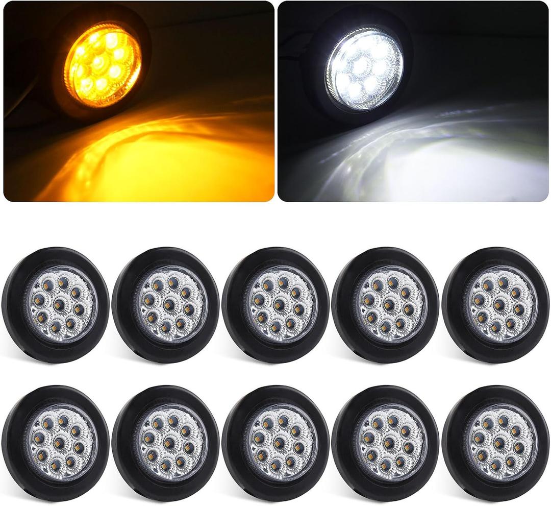 10Pcs Dual Revolution 2" Inch Round Led Marker Lights 9 LED Amber/White, Amber Side Marker Clearance Lights to White Auxiliary Lights Sealed for Trailer Truck, Clear Lens, IP67 Waterproof