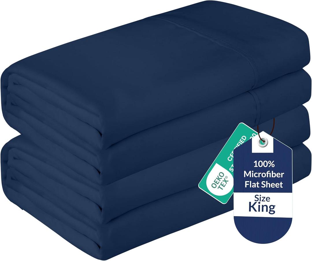 Royale Linens 2 Pack Bulk Flat Sheet Set - Top Sheets - Soft 1800 Microfiber - Wrinkle & Stain Resistant - for Hotel, Massage Table, Hospital, Dorm - King Flat Sheet Sold Separately (King, Navy)