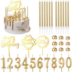 Yerliker 34 Pcs Happy Birthday Cake Toppers Decorations Birthday Candles DIY Cake Decor for Men Women Wedding Anniversary (Gold)