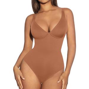 FeelinGirl Shapewear Bodysuits for Women Tummy Control Body Suits Deep V Neck Thong Body Shaper (X-Large, Latte)