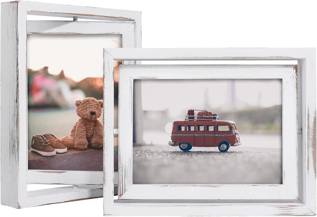 Egofine 2 Pack 5x7 Rotating Floating Picture Frames,Double-Sided Display with HD Glass Front Wooden Distressed Frame for Vertical or Horizontal Tabletop Display, White