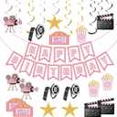 Movie Night Supplies Pink Movie Birthday Banner Movie Night Decorations Popcorn Camera Movie Theater Decorations Movie Theme Hanging Swirl for Girls Baby Shower Birthday Party Film Party