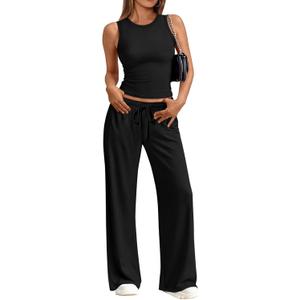 Trendy Queen Womens 2 Piece Sweatsuits Lounge Sets Track Suits Tank Tops Wide Leg Pants Spring Matching Outfits 2026 (Medium, Black)