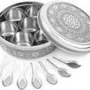Designer Spice Container Masala Dabba, 7 Spice Jars, Holds 7 Spices, Spice Container Box, Polished Stainless Steel with 7 Serving Spoons, Indian Masala Dabba with Lid, 8 Inch