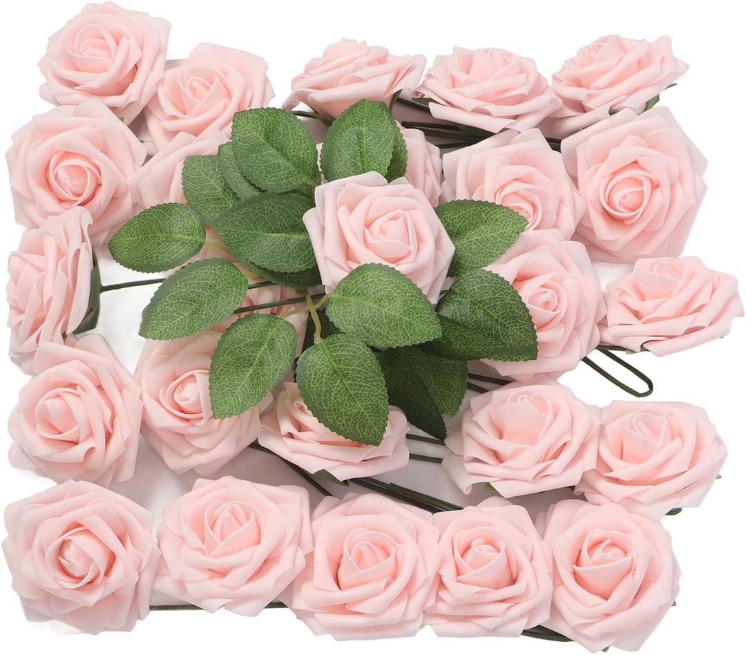25pcs Artificial Roses, Light Pink Fake Bulks Box for DIY Wedding Bouquets Bridal Shower Centerpieces Party Decorations