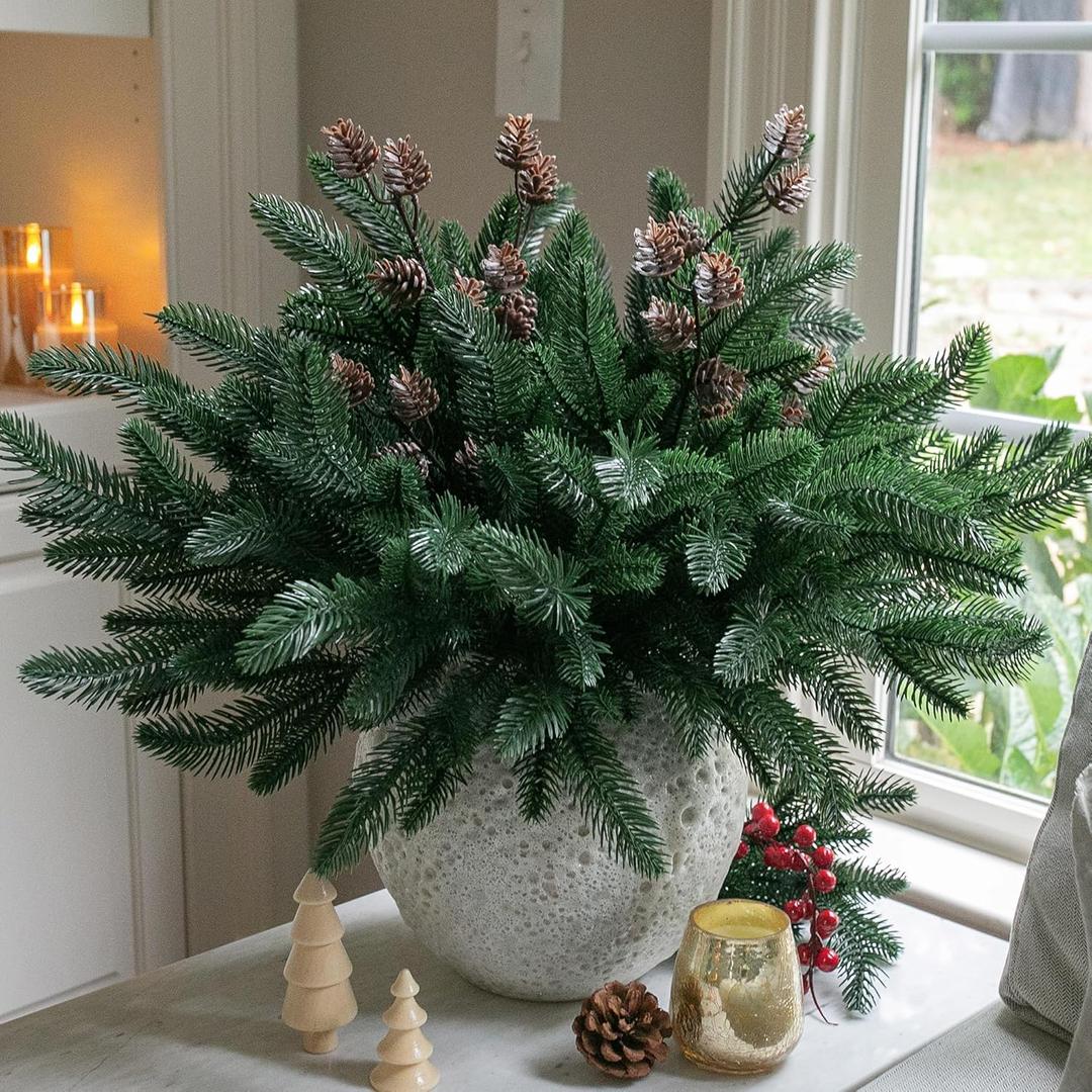 Ivydale 14Pcs Faux Pine Branches Norfolk Stem for Christmas Decoration, Artificial Greenery Plants Pine Needles with Pinecones for Table DIY Home Winter Indoor Vase Real Touch Christmas Decorations