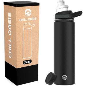 Chill Oasis Water Bottle | Compatible With Popular Flavor Cartridges | BPA Free, Leak Proof, Double-Walled Vacuum Insulated Stainless Steel, and Dishwasher Safe | Cold for 24 Hours (Black, 22oz)