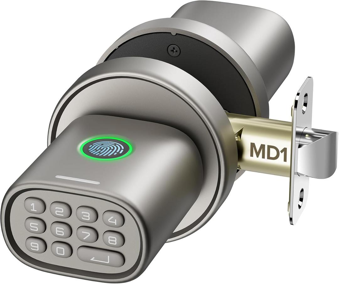 Keyless Entry Door Lock, Fingerprint Door Lock with Keypad Biometric Door Knob, Auto-Lock for Interior Doors Thickness up to 2-1/4", Bedroom, Home Office, Garage, 4xAA Alkaline, MD1 Titanium