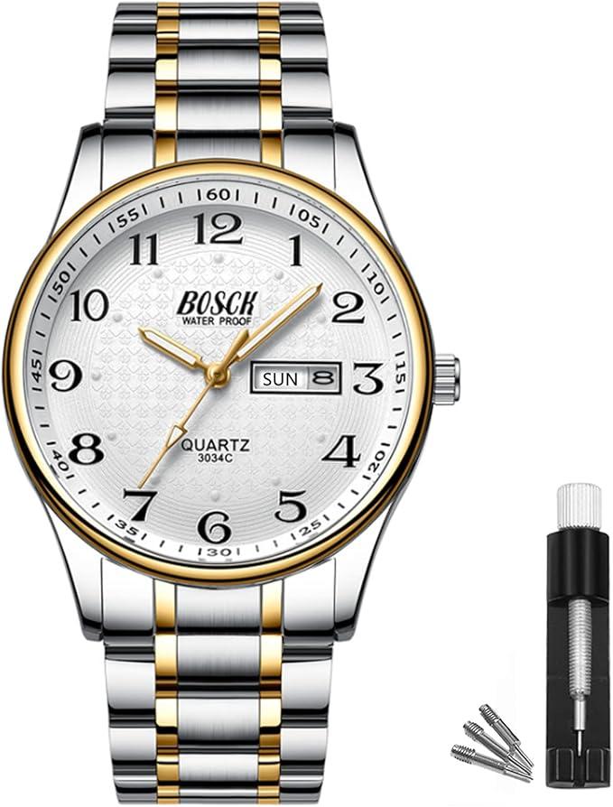 BOSCK Men's Watch, 40 mm Analogue Waterproof Business Stainless Steel Wrist Watches with Date and Day Easy to Read Anti-Scratch Fashion Watch for Men