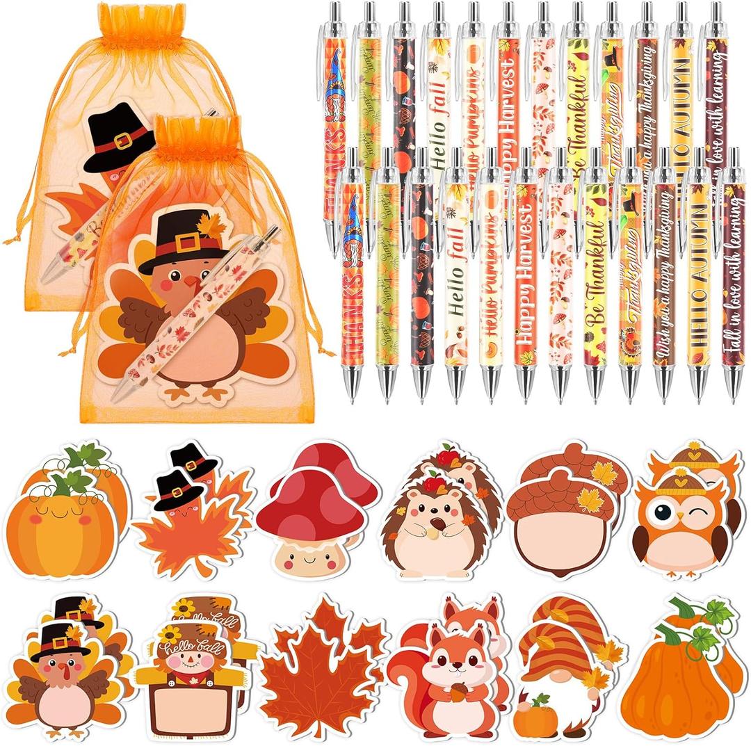 24 Sets Fall Sticky Notes and Thanksgiving Ballpoint Pens, Pumpkin Maple Leaf Acorn Shape Notepads Pens Fall Party Favors Thanksgiving Gifts Bulk for Coworker Teacher Nurse School Office Supplies