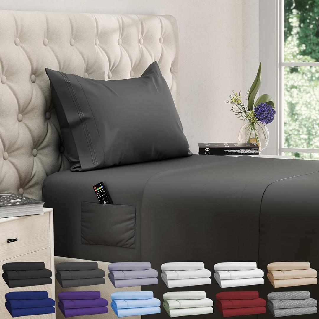 DREAMCARE Twin XL Sheet Sets 4pcs Cooling Sheets up to 15 Deep Pocket Twin XL Sheets Set Hotel Luxury Sheets & Pillowcases Superior Softness 100% Fine Microfiber with Side Pocket Gray