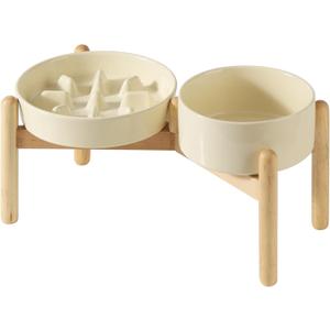 Ceramic 1.2 Cup Raised Slow Feeder Dog Bowl Set, Elevated 6.1inch Bowl and 7.3inch Slow Pet Food Dish with Wooden Stand for Small and Medium Dog (2 x Beige+ Stand)
