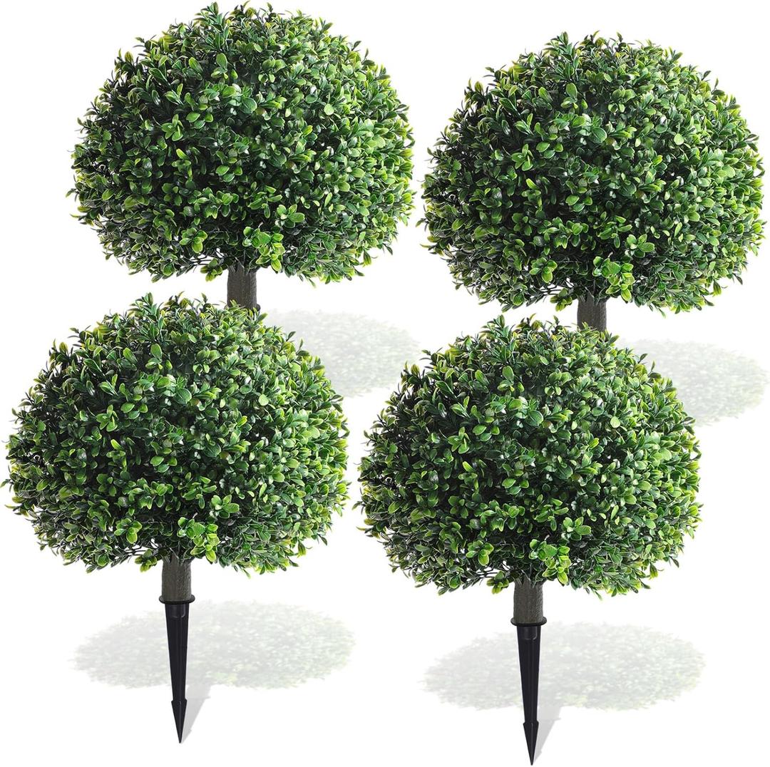 Yunlly 4 Pack 18" Artificial Boxwood Ball Bush Topiary Trees Fake Outdoor Plants, Realistic UV Resistance Faux Shrubs with Spike Greenery Topiary for Front Porch Garden Yard Patio Indoor (Green)