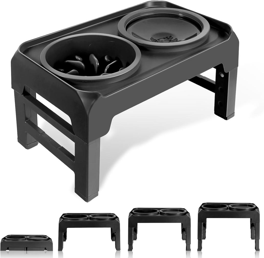 Elevated Dog Bowls, Slow Feeder & No Spill Water Bowl Stand, Raised Food Bowls with 4 Adjustable Heights for Small Medium Large Dogs (Black)