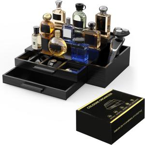 Cologne Organizer for Men,3 Tier Cologne Stand with 2 Drawer and Side Extended Storage Space,Wood Perfume Stand OrganizerGreat Gift Packing Box for Men and Women-Black