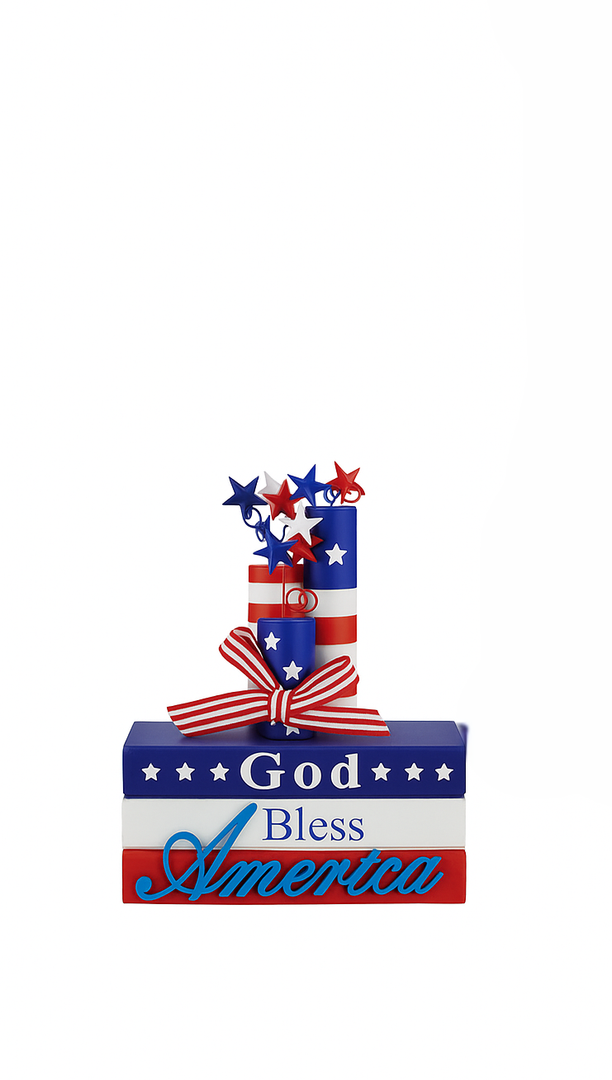 4th of July Decorations, 7 Pcs Patriotic Table Centerpieces Independence Day Tabletop Decorations Wood Faux Book Stack Star Sign Firecracker Farmhouse Decor for Tiered Tray Home Office Shelf Mantel